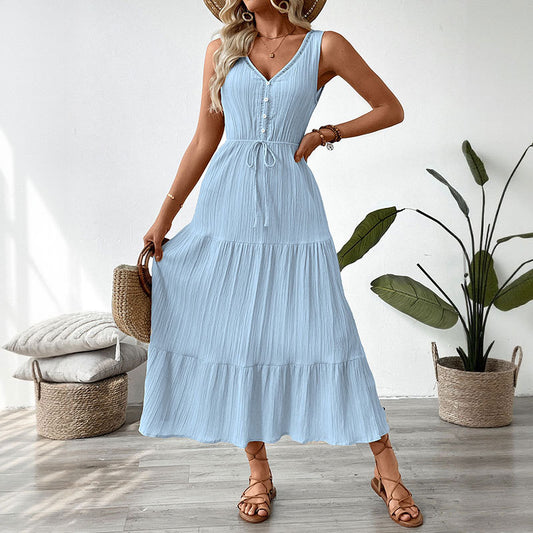 Light Blue Sleeveless V Neck Maxi Dress Vacation