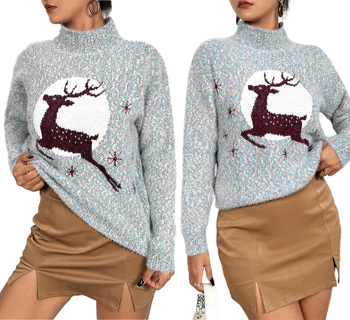 Women's Chenille Reindeer Christmas Mock Neck Sweater