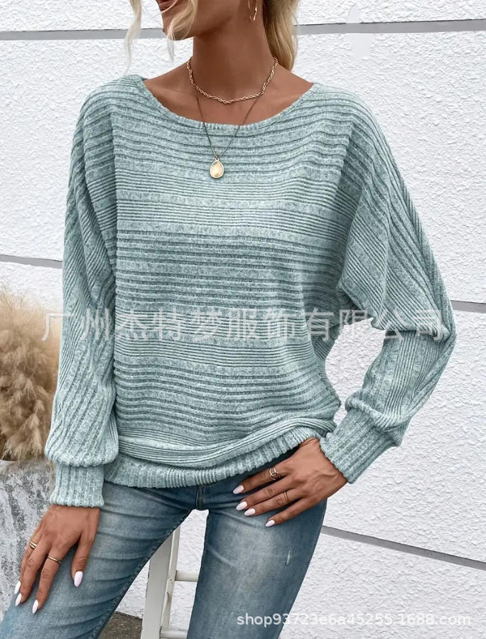 Ribbed Batwing Sleeve Sweater Top Women Casual Pullover