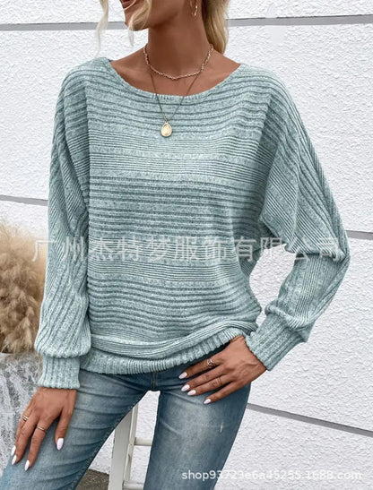 Ribbed Batwing Sleeve Sweater Top Women Casual Pullover