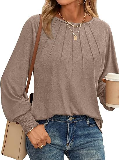 Women's Pleated Crewneck Balloon Sleeve Oversized Top