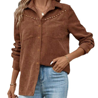 Women's Corduroy Shacket Studded Button Down Jacket