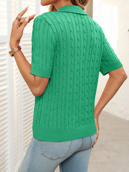 V-neck Twisted Knit Jumper, Short-Sleeve Lapel Sweater