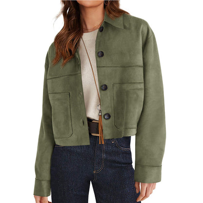 Faux Suede Cropped Button Front Jacket with Pockets