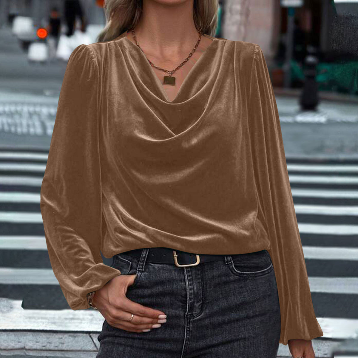 Women's Velvet Cowl Neck Long Sleeve Blouse