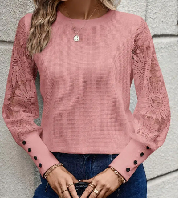 Waffle Knit Floral Lace Sleeve Crew Neck Casual Top
