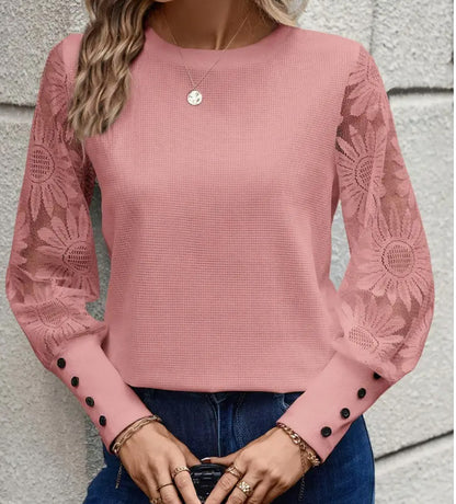 Waffle Knit Floral Lace Sleeve Crew Neck Casual Top