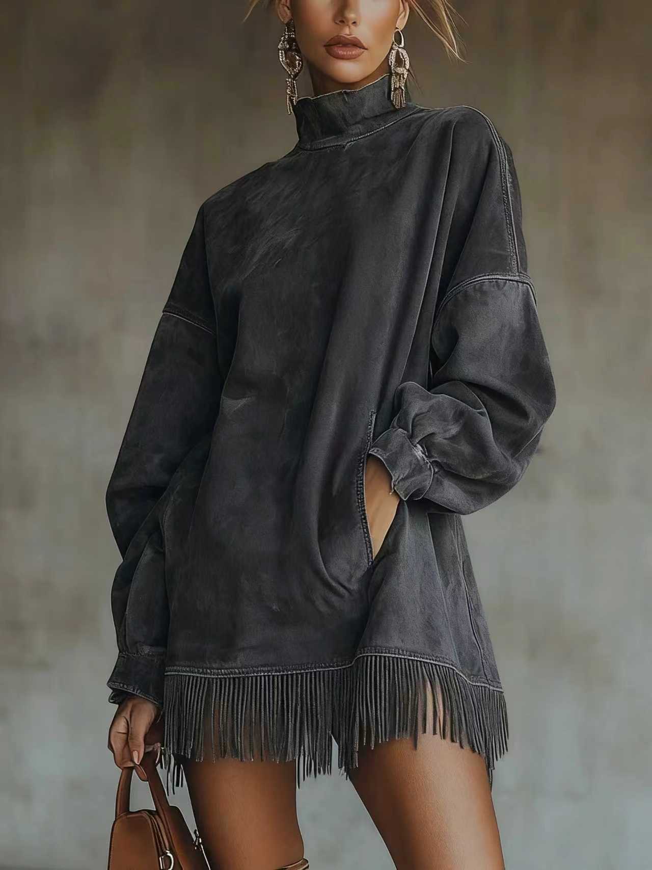 Mock Neck Suede Fringe Dress Long Sleeve Pockets