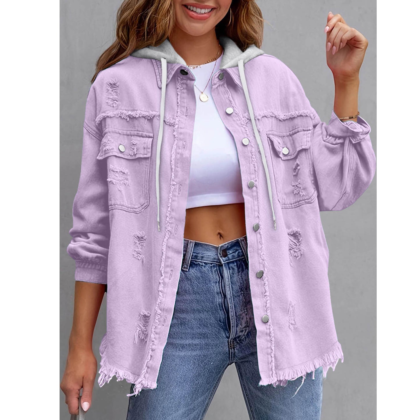 Distressed hooded denim jacket oversized fit