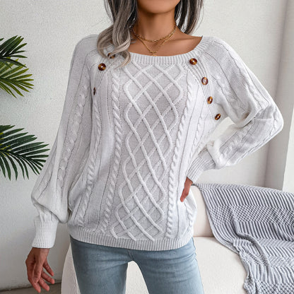 2025 Fall Winter Casual Square Neck Button Detail Cable Knit Sweater