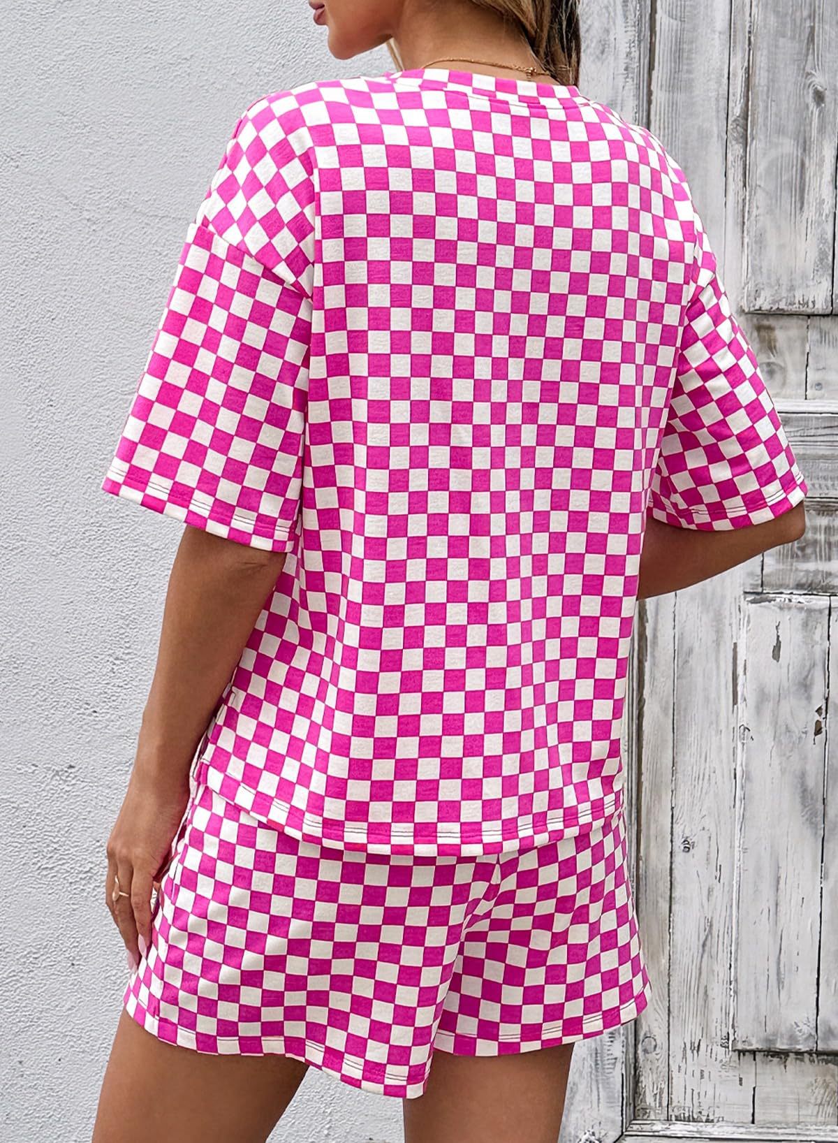 Rose Red Checkerboard Tee and Drawstring Shorts Set