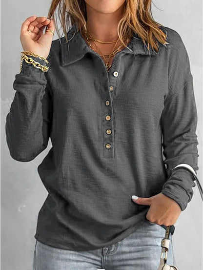 Oversized Ribbed Knit Collared Button Front Long Sleeve Top