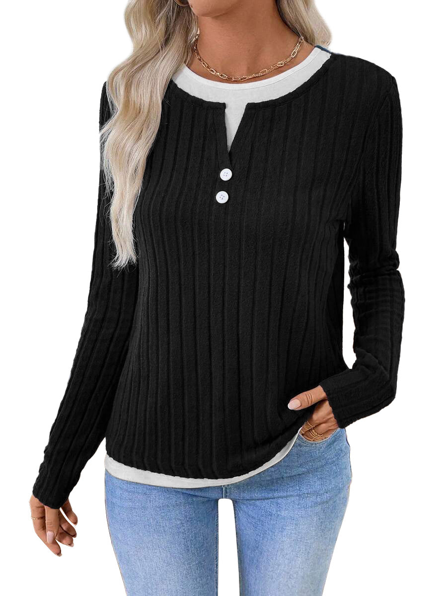 Ribbed Faux Layered Henley Long Sleeve Casual Top