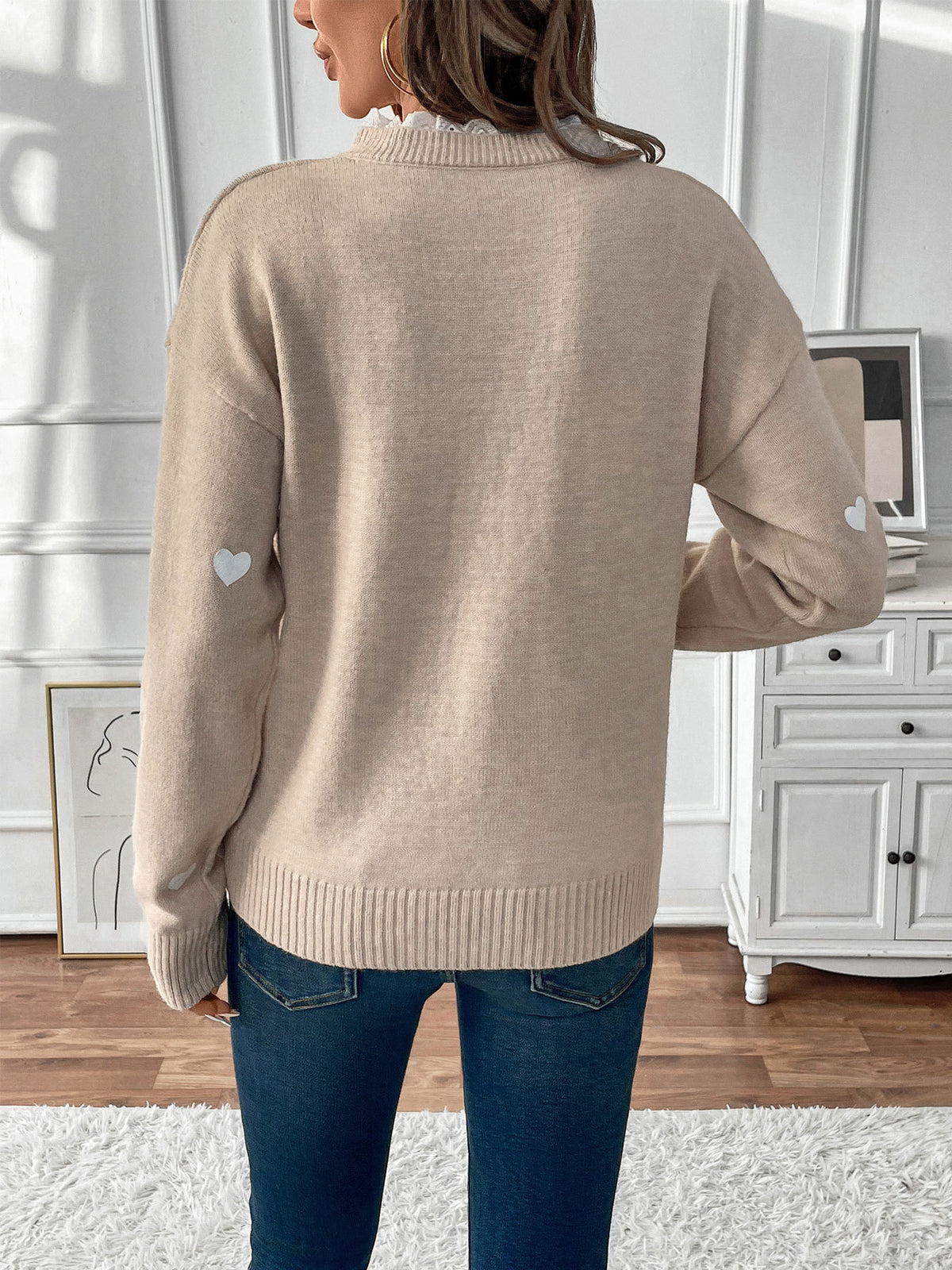 Women's Heart V-Neck Lace Trim Cozy Sweater