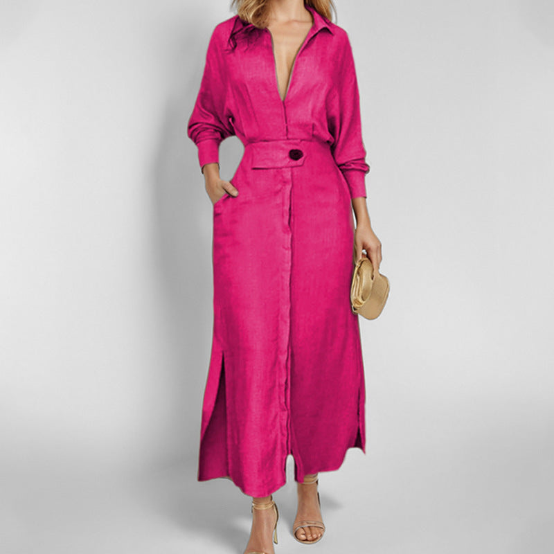 Women's Belted Maxi Shirt Dress Long Sleeve