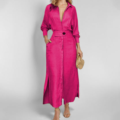 Women's Belted Maxi Shirt Dress Long Sleeve