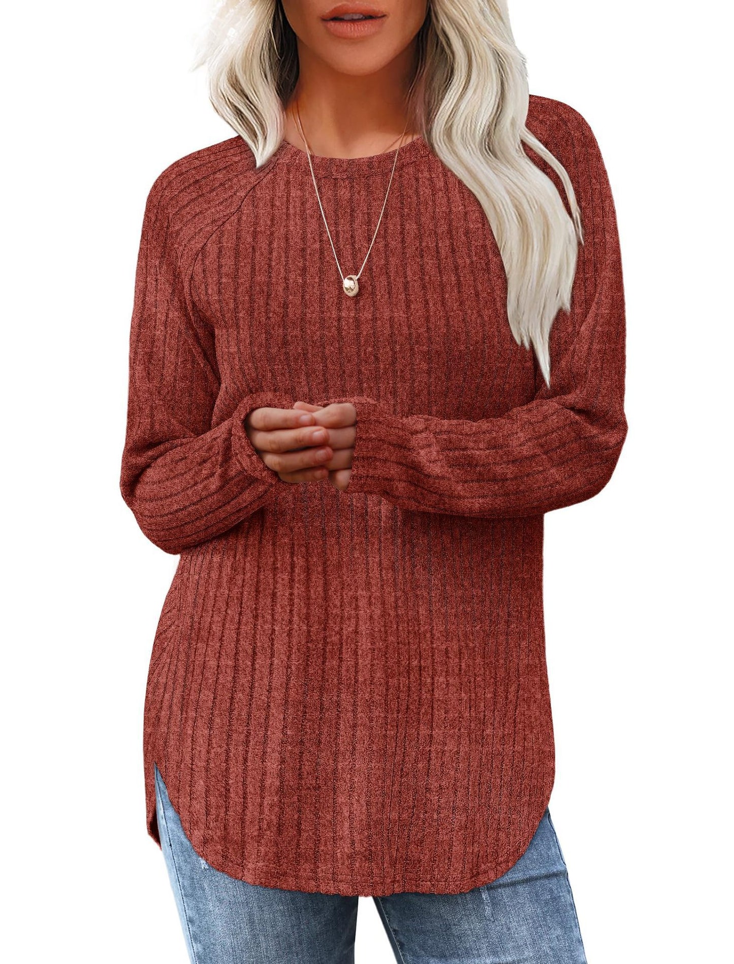Women's Ribbed Brushed Long Sleeve Crew Neck Curved Hem Top