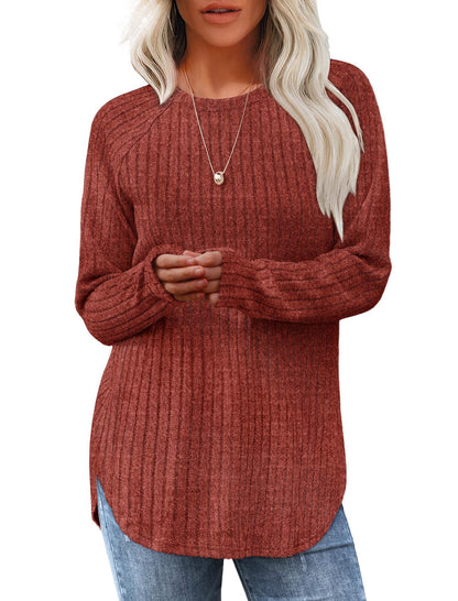 Women's Ribbed Brushed Long Sleeve Crew Neck Curved Hem Top