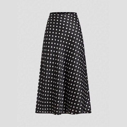 Polka Dot Satin A-Line Skirt Trendy Zip Midi Dress