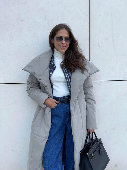 Women's Long Belted Quilted Coat Stand Collar Winter