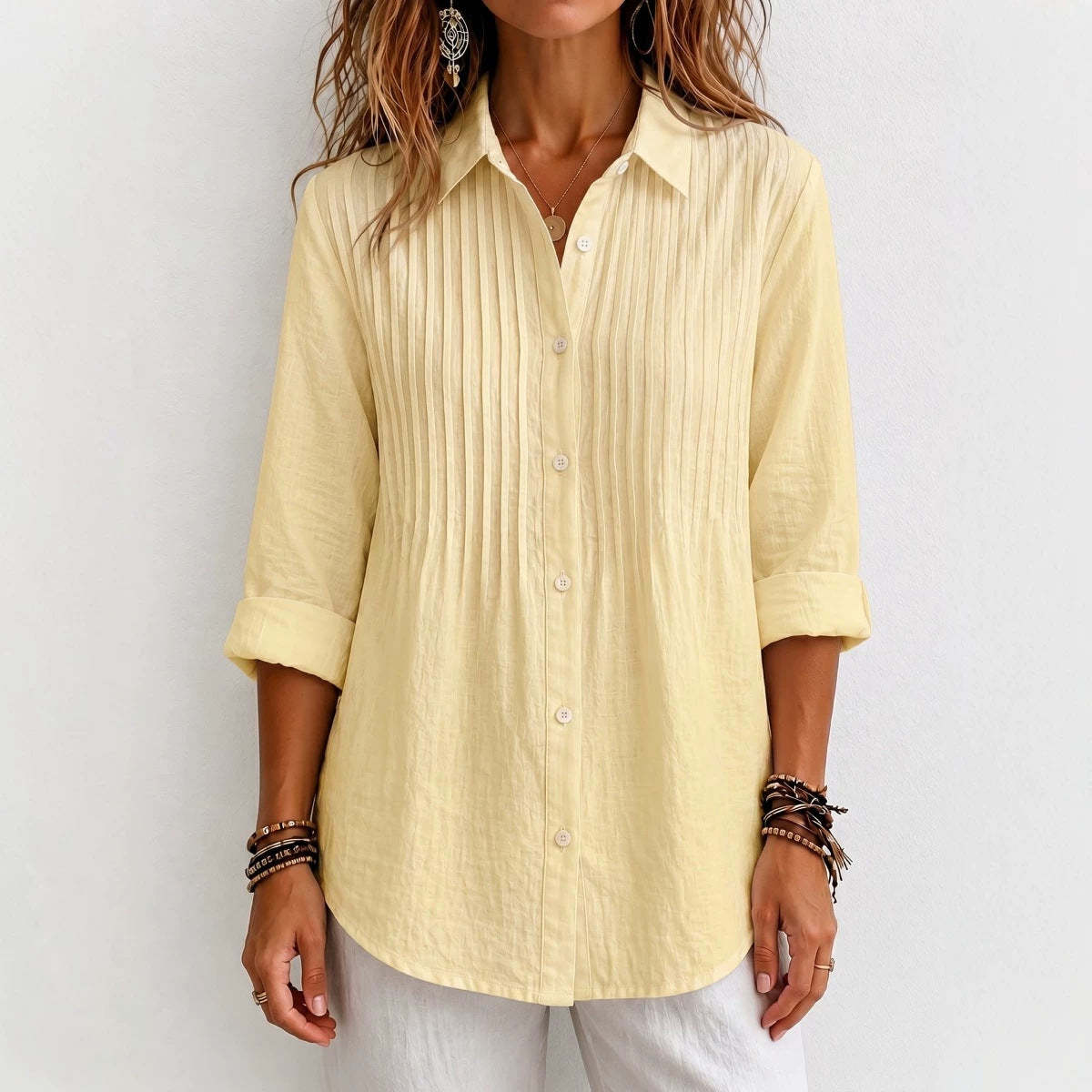 Women's Pintuck Collared Long Sleeve Button Down Shirt