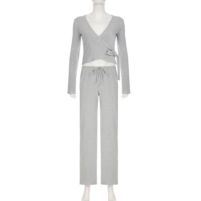 Women Sexy V Neck Wrap Top Wide Leg Pants Two Piece Set