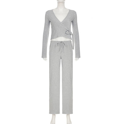 Women Sexy V Neck Wrap Top Wide Leg Pants Two Piece Set