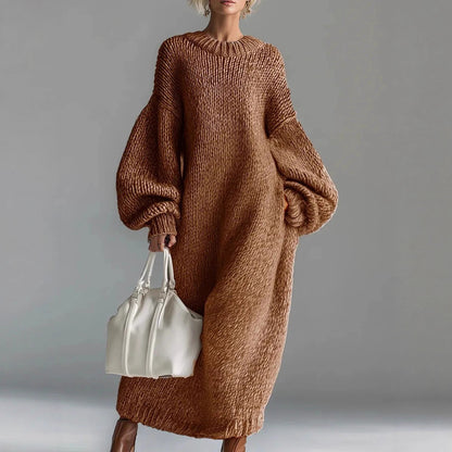Crew Neck Balloon Sleeve Chunky Knit Maxi Sweater Dress