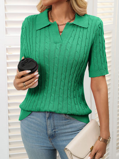 V-neck Twisted Knit Jumper, Short-Sleeve Lapel Sweater