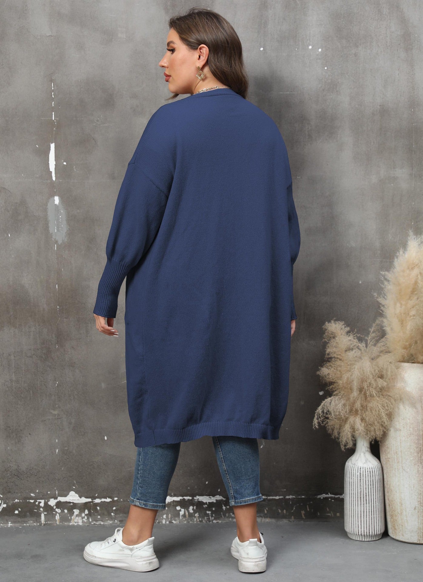 Women's Loose Medium and Long Double Pocket Lantern Sleeve Sweater Cardigan Jacket