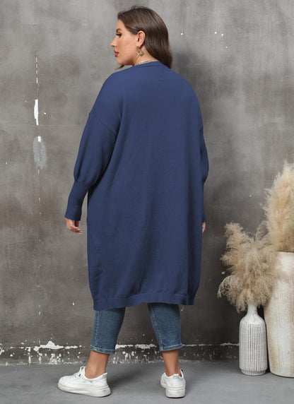Women's Loose Medium and Long Double Pocket Lantern Sleeve Sweater Cardigan Jacket