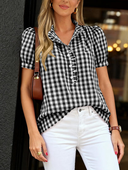 Gingham Ruffle Puff Sleeve Button Blouse Top