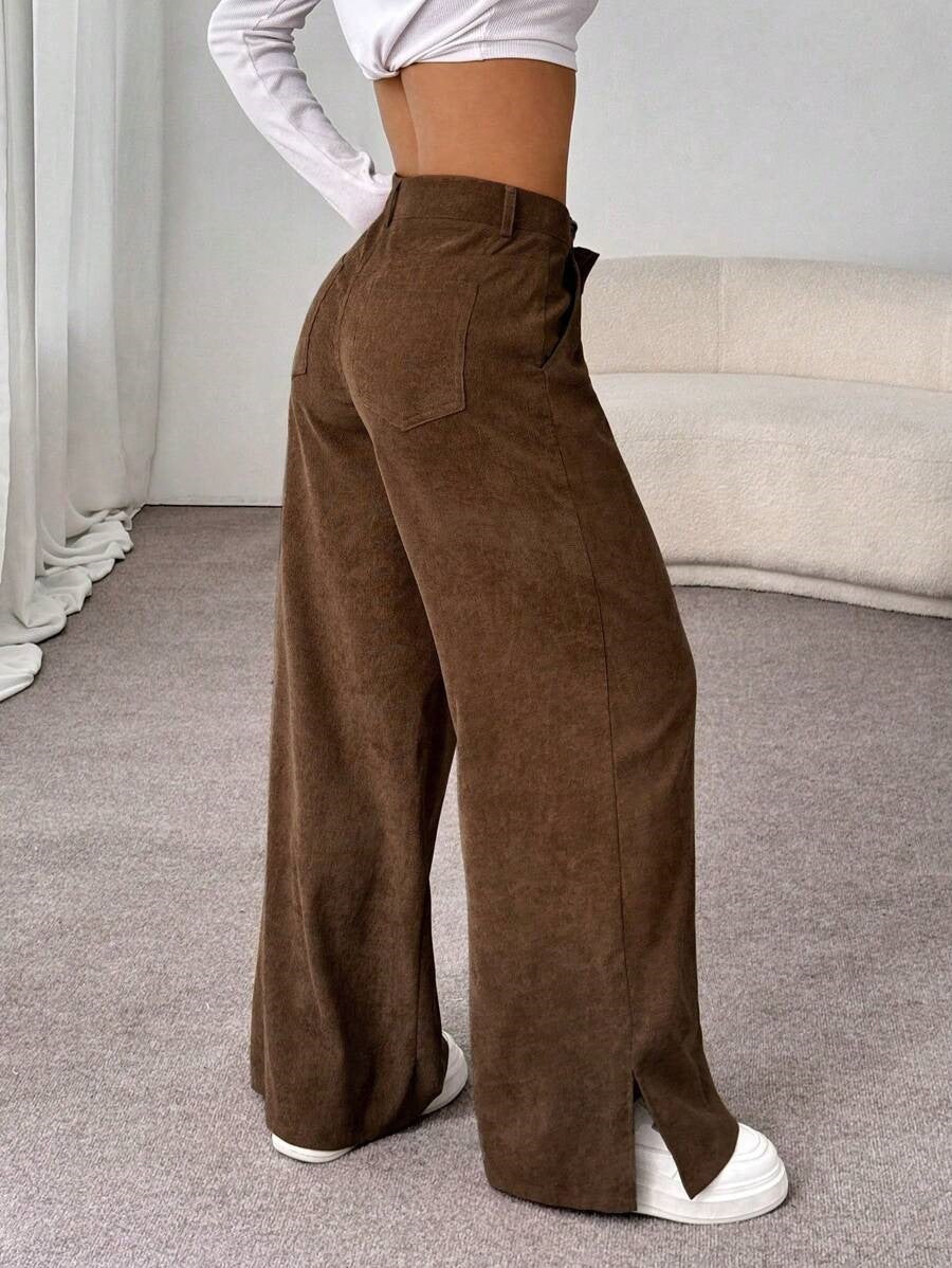 Women's Corduroy Wide Leg Pants Split Hem Pockets