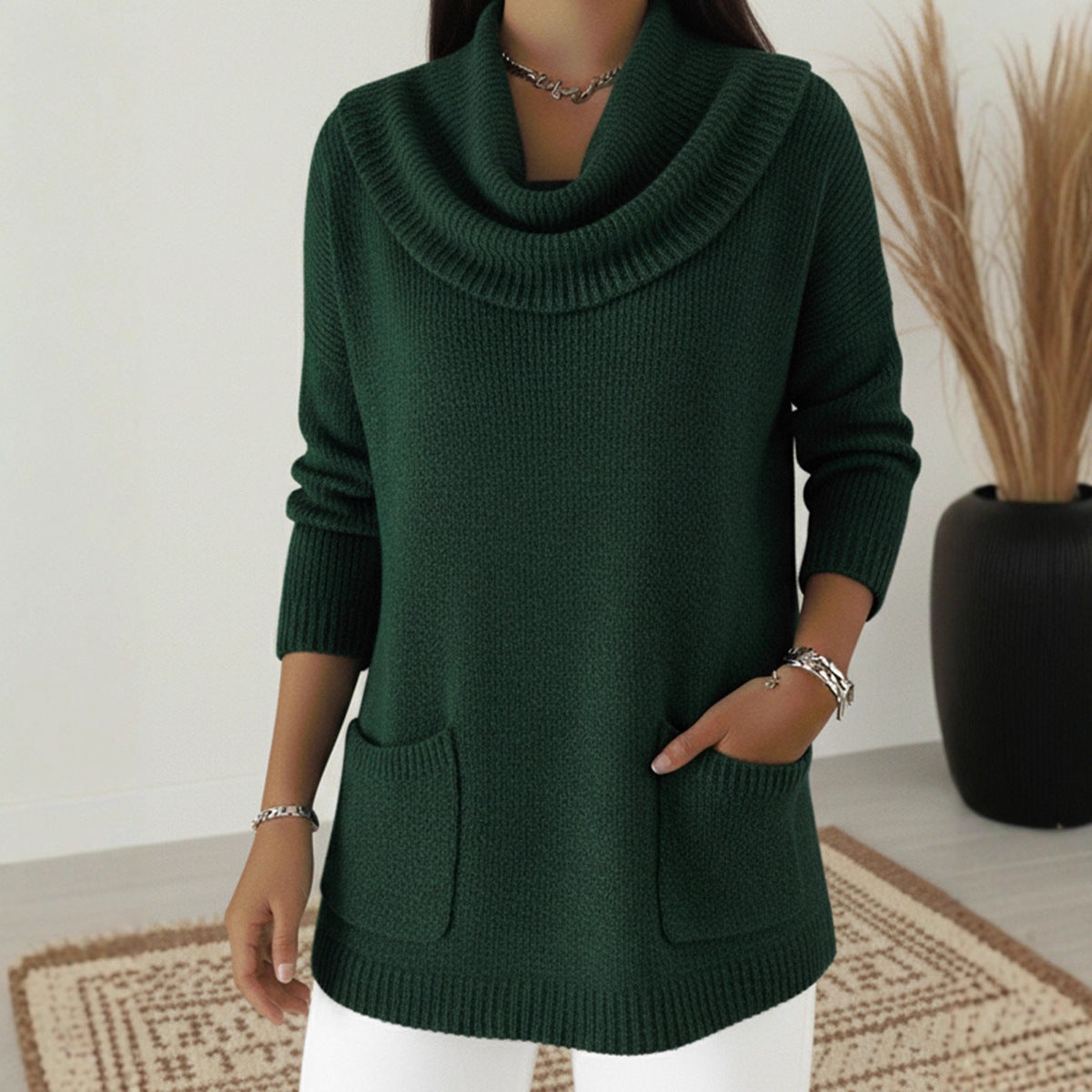 Women's Cowl Neck Long Sleeve Pocket Pullover Sweater