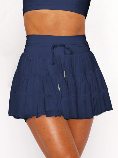 Solid Pleated Skort High Waist Ruffle Tiered Mini