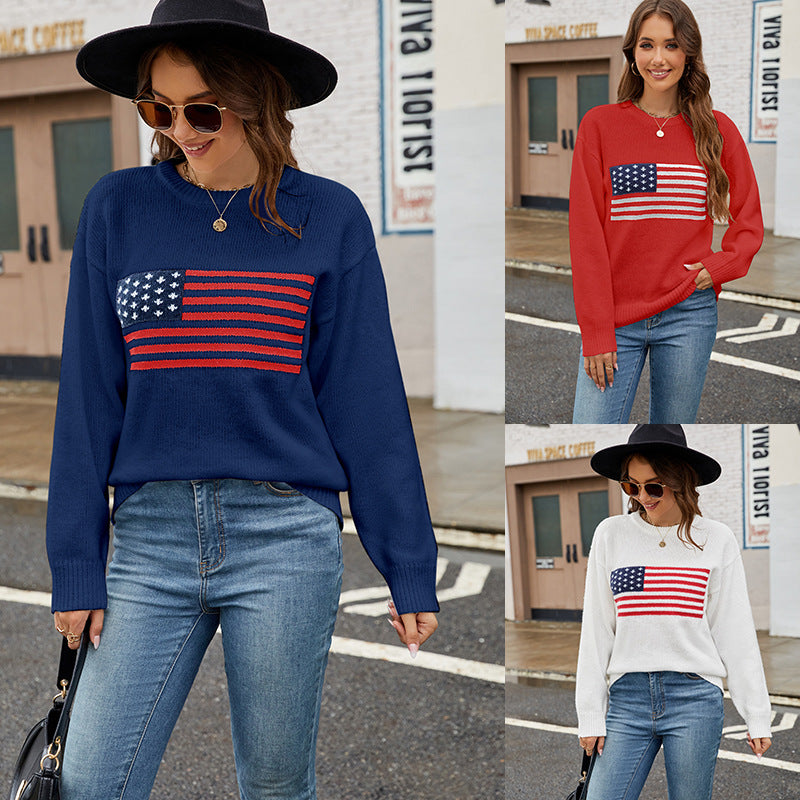 USA Flag Knit Sweater Patriotic Pullover for Women