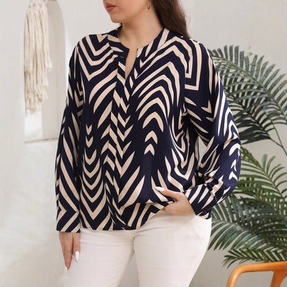 Geometric Print Plus Size V Neck Long Sleeve Blouse