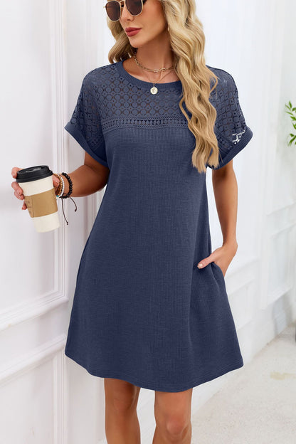 Blue Gray Yoke Loose T Shirt Dress Crew Neck