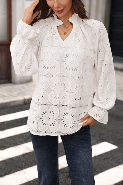 Eyelet Lace Blouse V Neck Puff Sleeve Top