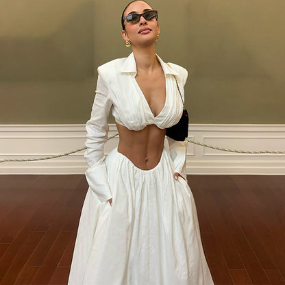 Two Piece Blazer Crop Top Maxi Skirt Set