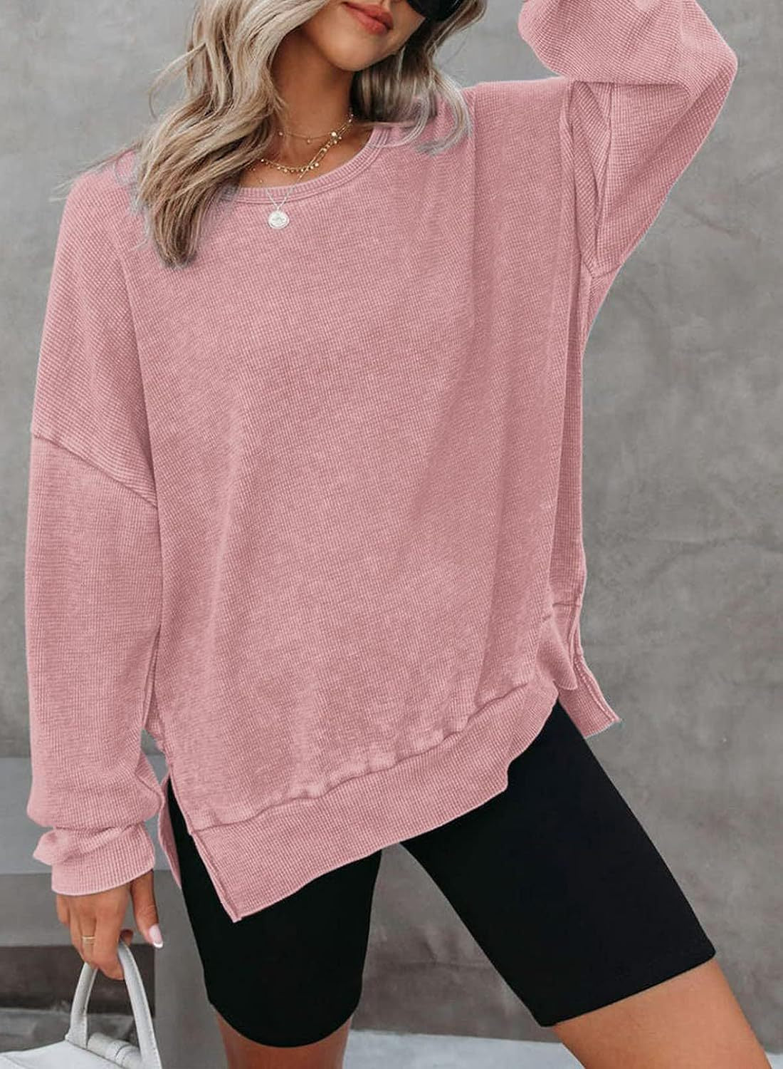 Waffle Split Hem Sweatshirt Women Casual Long Sleeve Top
