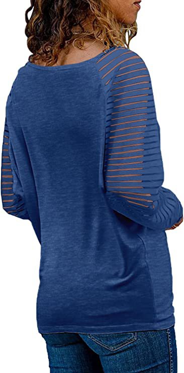 Striped Sleeve V Neck Cotton Long Sleeve Top