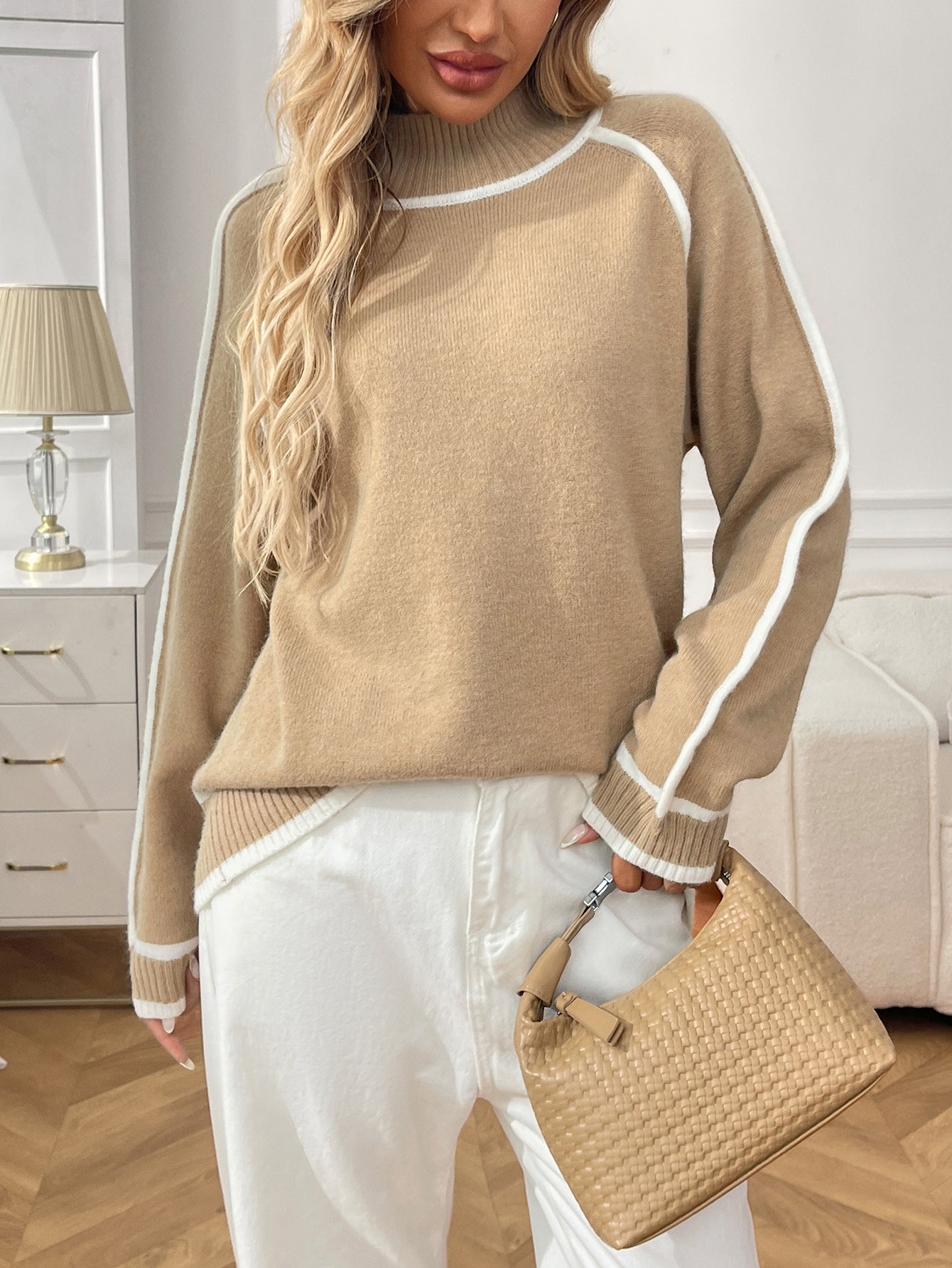 Colorblock Mock Neck Knit Sweater with Raglan Sleeves