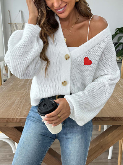 Women's Love Stickers Short Button Woven Jacket Sweater Cardigan