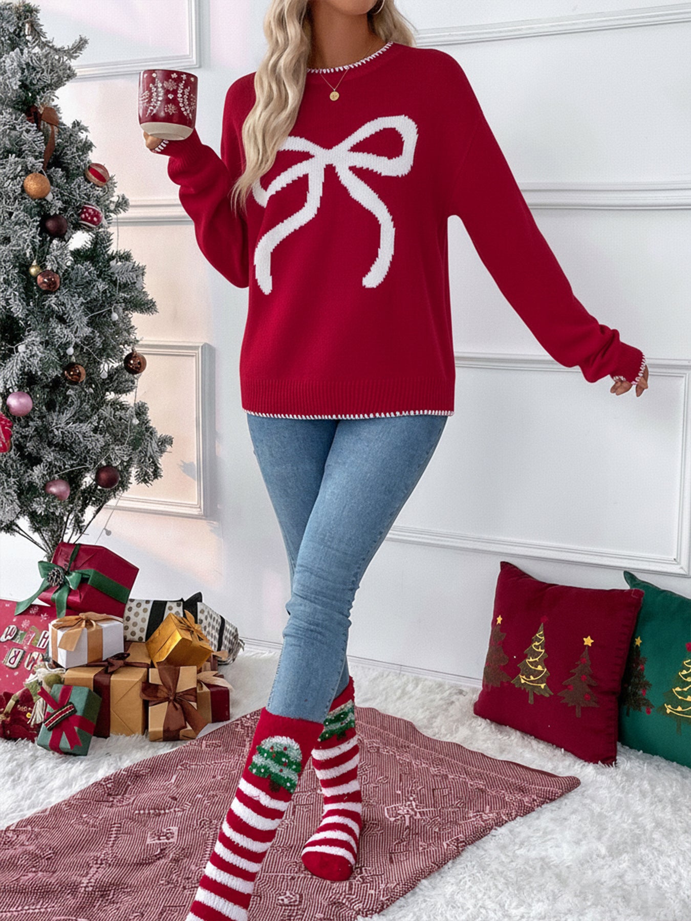 Christmas Bow Knit Sweater Oversized Holiday Pullover