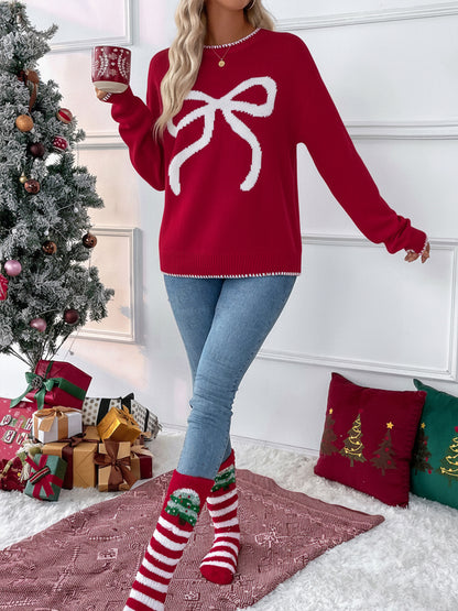 Christmas Bow Knit Sweater Oversized Holiday Pullover