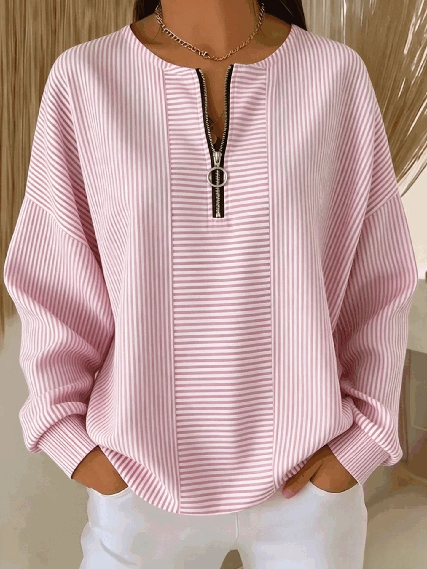 Women's Oversized Striped Half Zip Long Sleeve Top