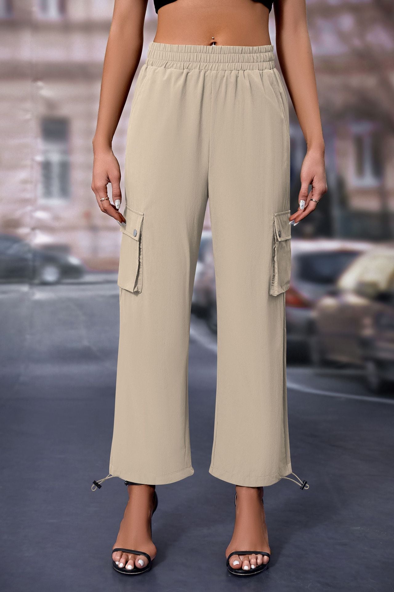 Women's High-Waisted Drawstring Cargo Pants, Baggy Parachute Utility Trousers