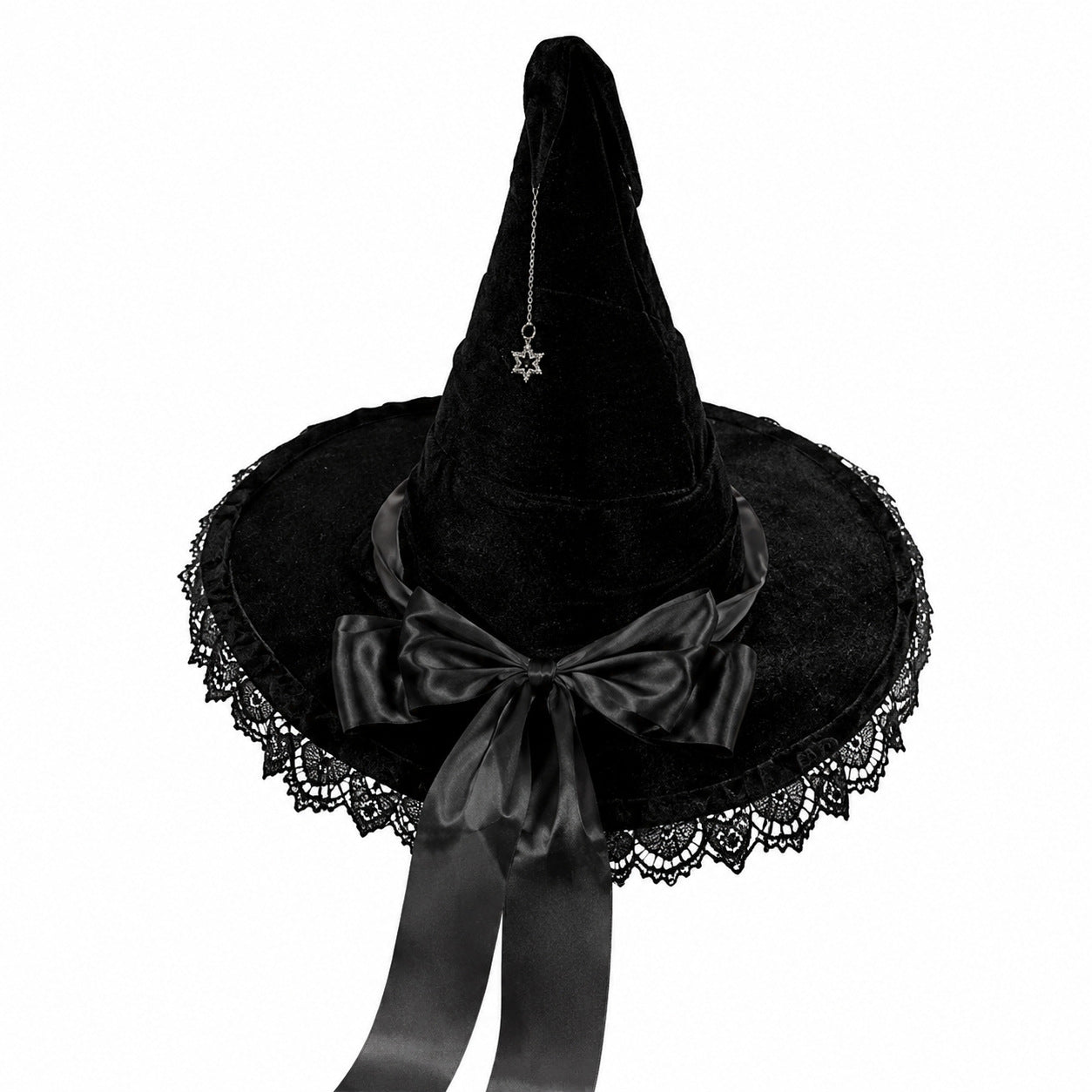 Gothic Velvet Witch Hat with Lace Brim and Satin Bow