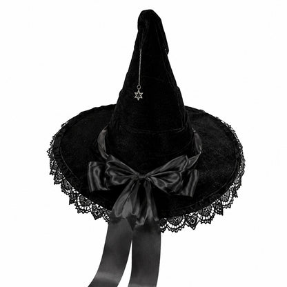 Gothic Velvet Witch Hat with Lace Brim and Satin Bow